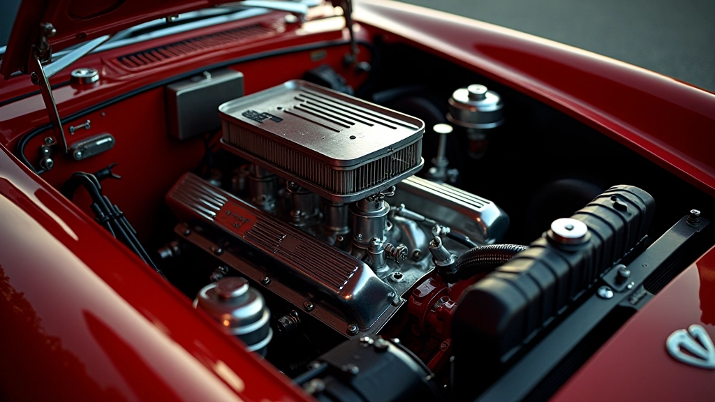1960 metų Jaguar E-Type kabrioleto priekinis žibintas ir šilumo valdymo sistema, detali automobilių mechanikos fotografija