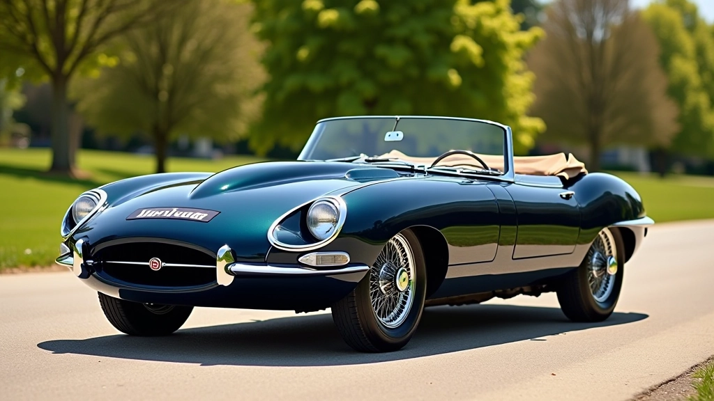 Jaguar E-Type roadster, tamsiai mėlyna spalva, grąžūs linijų profiliai, priekinė dalies chroninio grąžios, nuotrauktas saulėtą dieną