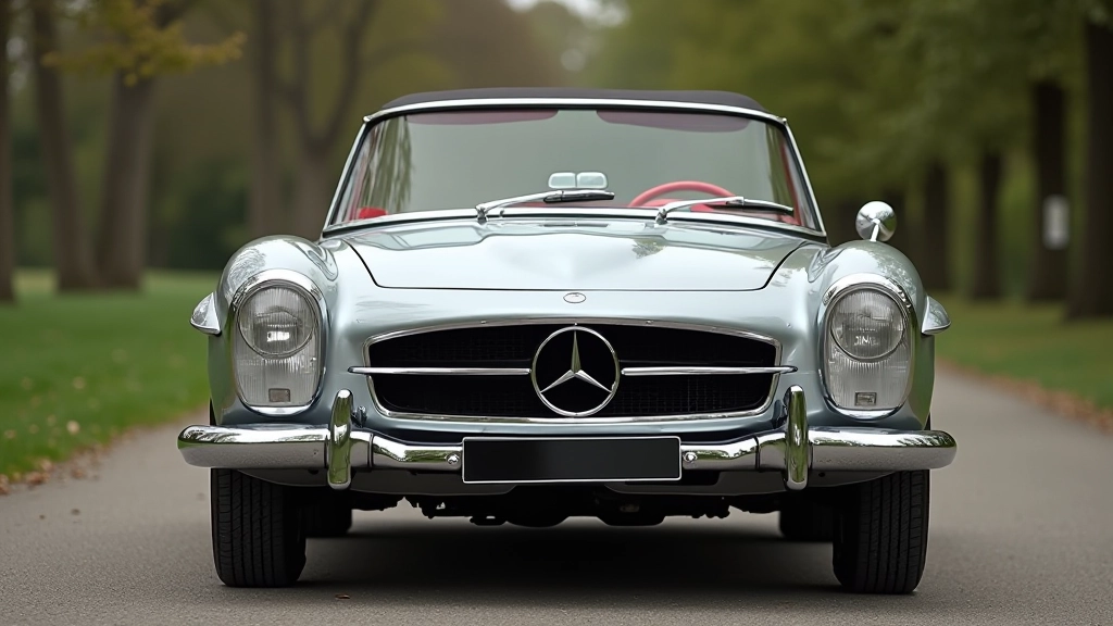 Mercedes-Benz 280 SL kabrioletas, sidabrinė spalva, elegantiškas profilis, konvertabilios šilumos apsauga, priekinė dalis
