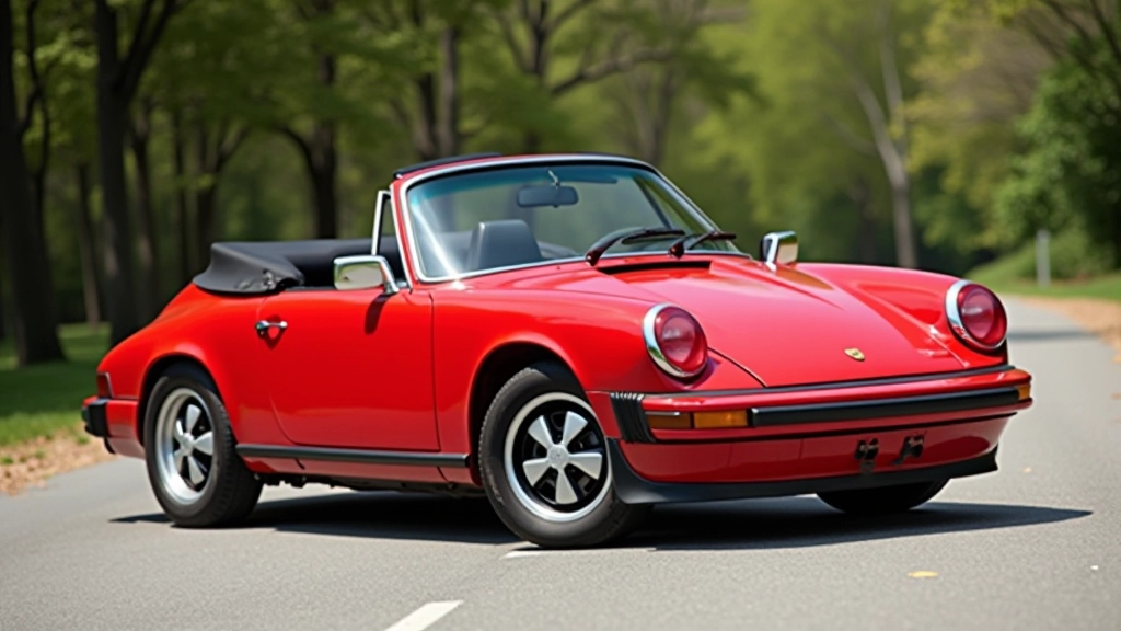 Porsche 911 Cabriolet iš šono, raudona spalva, nuotrauktas dienos šviesoje, klasikinės linijos ir chrominiai elementai ryškūs